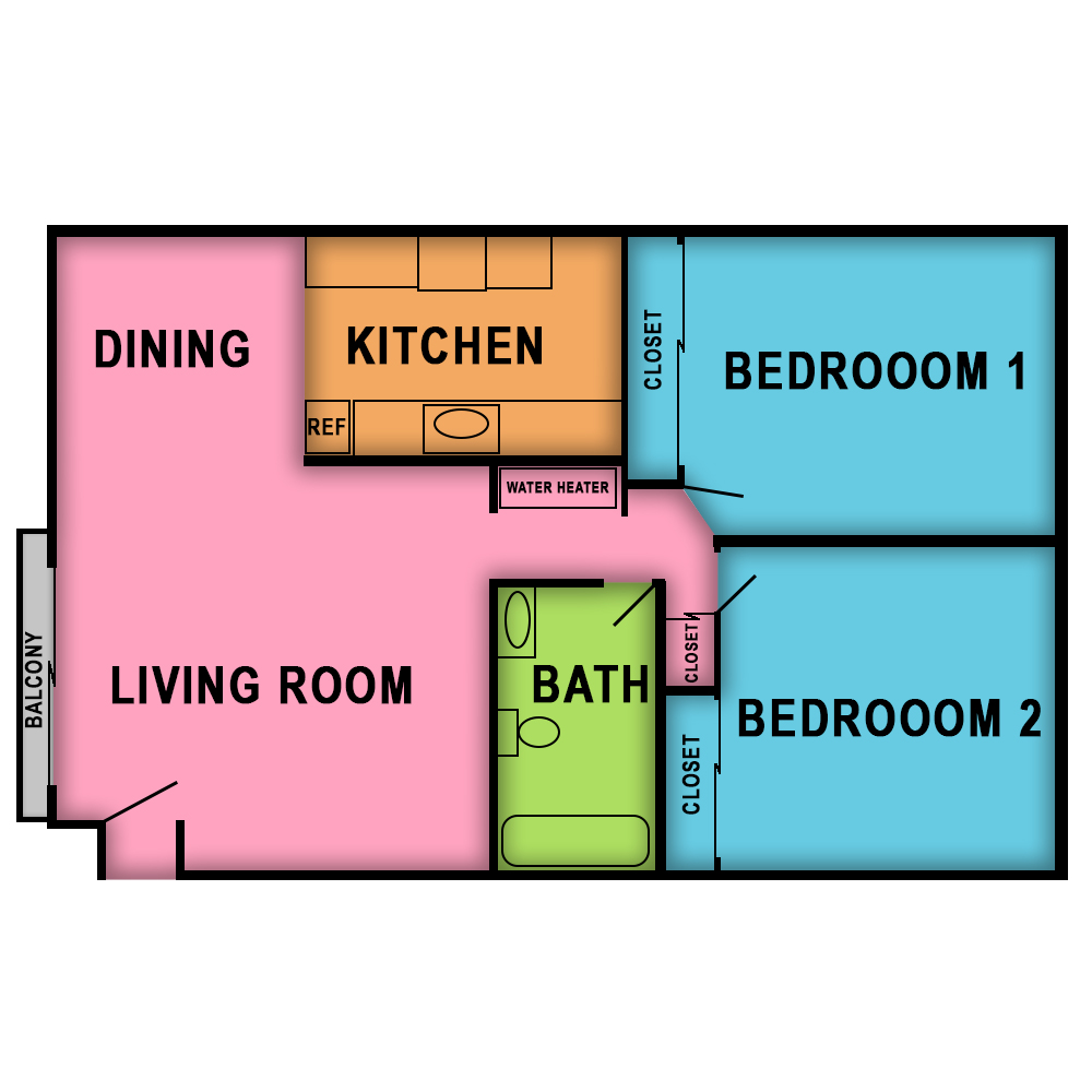 This image is the visual schematic floorplan representation of Plan B at Village Square Apartments.