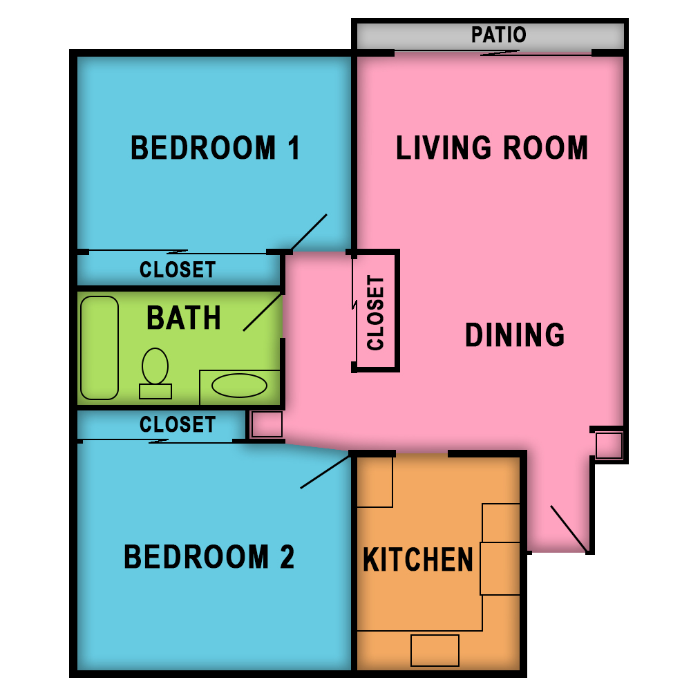 This image is the visual schematic floorplan representation of Plan D at Village Square Apartments.